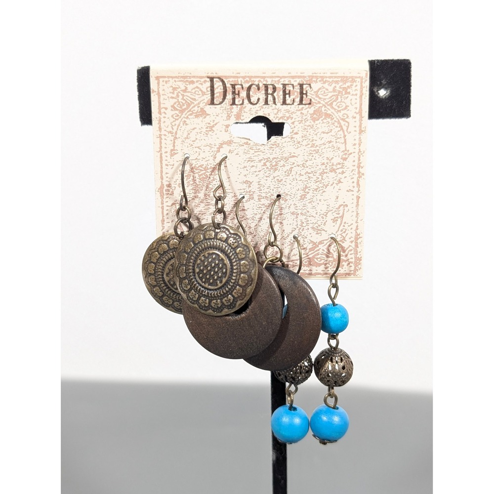 Decree Bronze Tone Wood & Blue Bead Dangle Earrings Set of 3 Boho Statement Drop